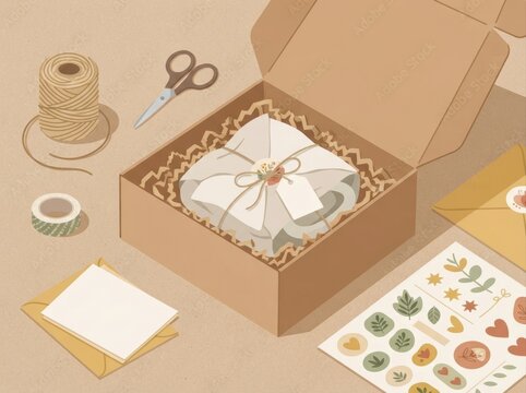 handmade small business unboxing packaging flat lay Gift box with wrapping supplies, scissors, string, tape, and decorative stickers.