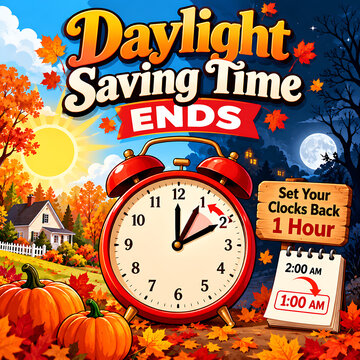 Daylight saving time ends with red alarm clock and pumpkins isolated on a transparent background