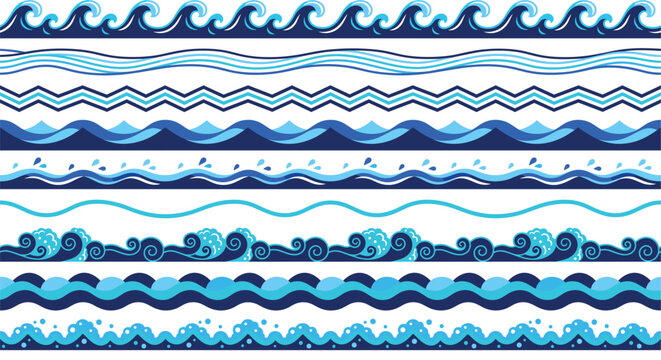 Ocean wave blue seamless borders set marine graphic design pattern elements