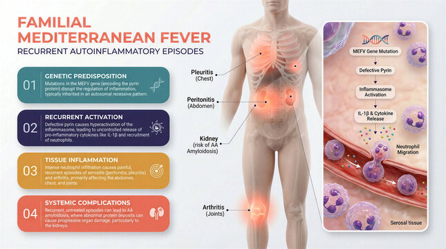 Medical infographic explaining familial Mediterranean fever and recurrent inflammatory episodes