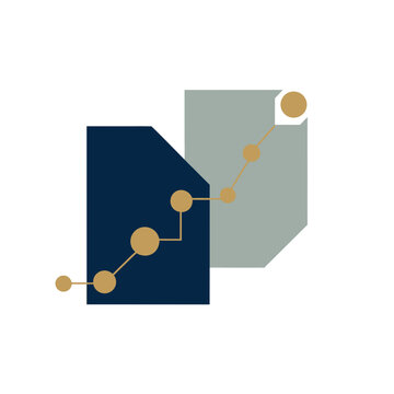 A modern vector graphic illustrating a stylized line chart with geometric shapes in shades of blue and gray