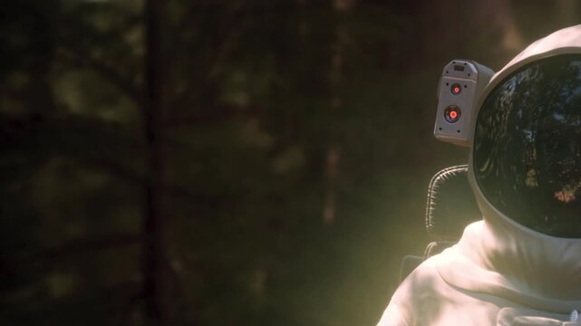 In a tranquil forest, an astronaut clad in sleek white gear observes the surroundings. Sunlight filters through the trees, creating a mystical ambiance as they explore a new world.