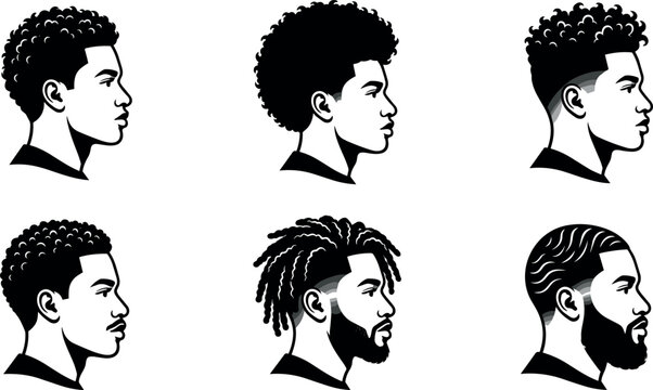 Set of black men hairstyle vector icons featuring trendy afro fades dreadlocks waves and barbershop side view portraits
