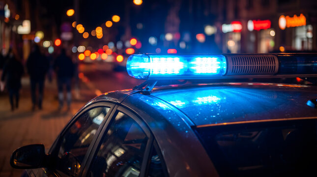 Emergency light bar mounted on police car roof shines intense azure beacon on rainy evening. Wet automobile surface reflects bright glow while urban streetlights create colorful bokeh.