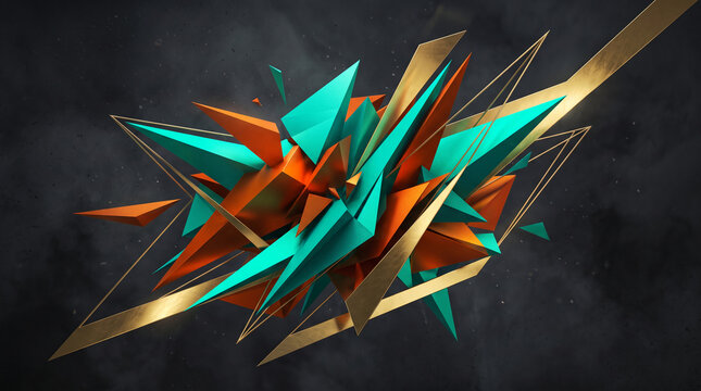 Explosion of geometric shard, abstract form in teal, orange, and gold, symbolizing dynamism, innovation, and modern design