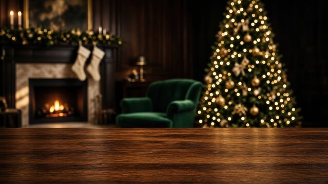 Elegant dark Christmas living room with a green velvet armchair, glowing Christmas tree, fireplace and rustic wooden tabletop in foreground, warm golden bokeh, luxurious festive interior and copy spac