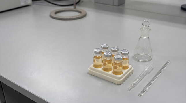 Natural alternative health remedy of colloidal silver liquid in glass medicinal vials on a laboratory table