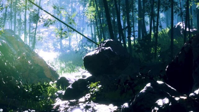 Sunlight filters gently through a vibrant bamboo forest, creating a peaceful atmosphere. Lush greenery and moss covered rocks enhance the serene beauty of this natural scene.