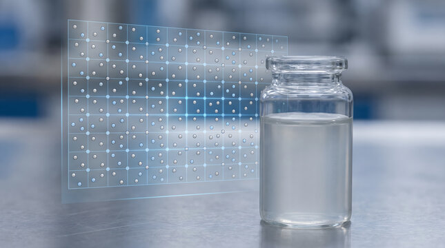 A glass vial of liquid colloidal silver with a digital molecular structure overlay representing nanotechnology