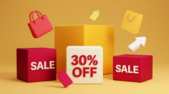 3D render of sale promotion with cubes, shopping bags, tags, and an arrow on yellow background, symbolizing retail discounts and offers