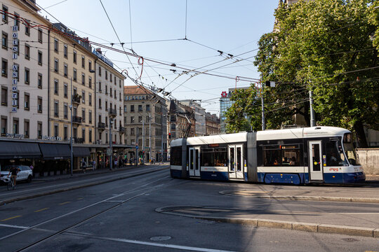 TPG articulated tram turning left in Geneva Switzerland