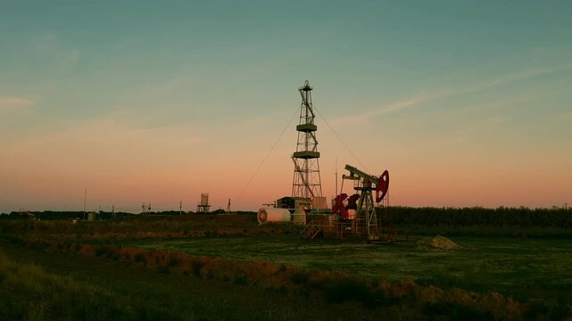 Oil pump jack and drilling rig in open field under sunset sky. Oil extraction from a well. Oil field, oil drilling operations at rig. Crude petroleum industry concept. 