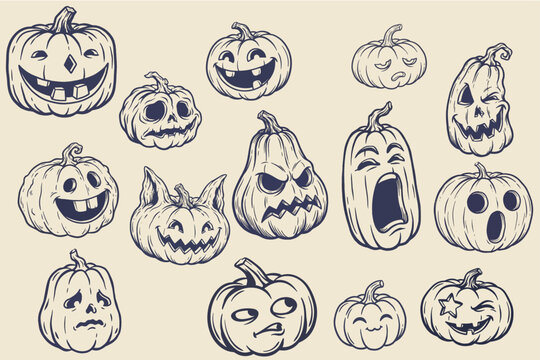 Hand Drawn Halloween Pumpkin Faces with Spooky Expressions Vector Set