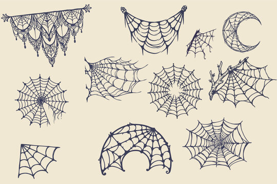 Halloween Spiderweb Corners and Hanging Cobweb Border Vector Set