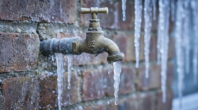 Brass spigot covered in frost leaks dripping drops amid long hanging icicles on brick surface. Cold weather plumbing damages outdoor tap, creating risk of burst pipe and household issues.