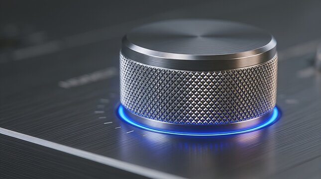 Metallic knurled volume control knob with blue LED ring backlight.