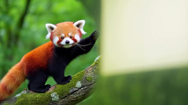 Red panda on mossy tree branch raises paw and looks at camera in green forest 60 FPS