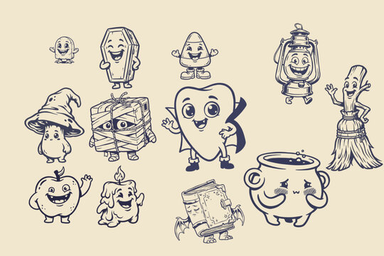 Happy Halloween Cartoon Mascot Set with Smiling Spooky Objects