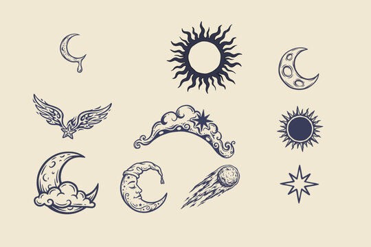 Spooky Celestial Moon Stars and Ornamental Sun Halloween Vector Set