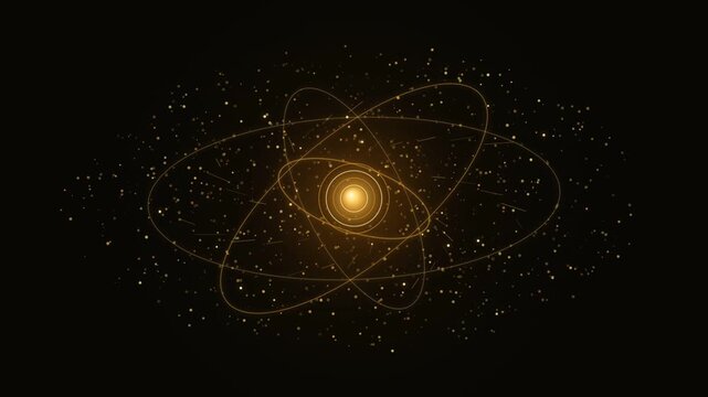 Glowing golden atomic structure rotating with bright orbital rings and glittering particle dust fields floating gracefully across dark background 