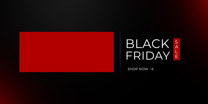 Black friday sale banner design featuring bold red rectangular shape and white typography on dark gradient background for retail promotions.