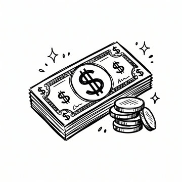 Hand-drawn doodle sketch of a stack of dollar banknotes and coins with sparkles isolated on white background