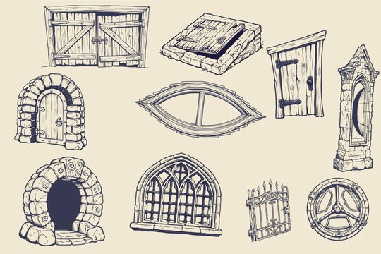 Gothic Halloween Doors Stone Arches and Haunted Windows Vector Set