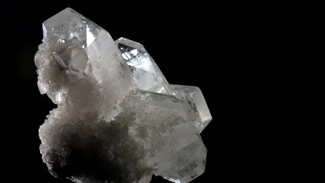 White Quartz crystals specimen rotating slowly against a black background.