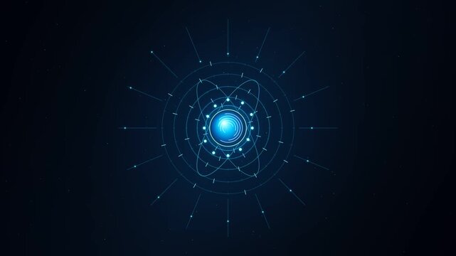 Glowing blue futuristic atomic structure with orbital rings and digital HUD interface elements spinning in deep dark cyberspace background