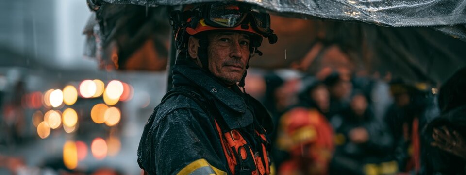 Confident rescue team commander in waterproof uniform leading efforts during challenging conditions in an urban environment