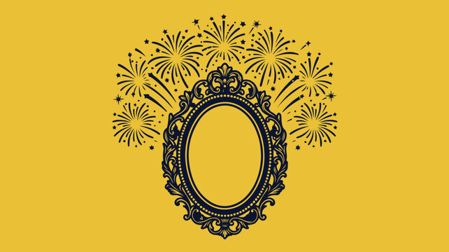 Black ornate oval mirror frame with fireworks burst on yellow background for celebration anniversary and invitation design