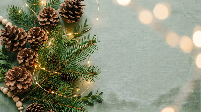 Cozy Christmas decoration with pine branches, fir tree, pine cones, fairy lights and white background, festive holiday background, Xmas design template