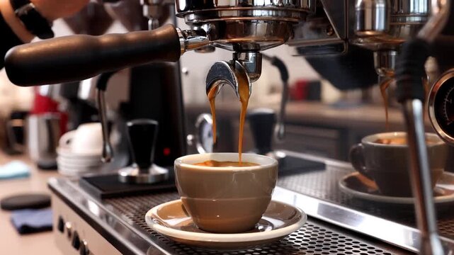 Two streams of espresso fill a cup on a saucer