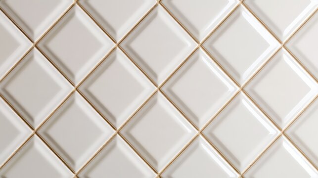Elegant white square tiles arranged in a diamond pattern with gold accents. This sophisticated wall surface is ideal for luxury interior design and home decor concepts.