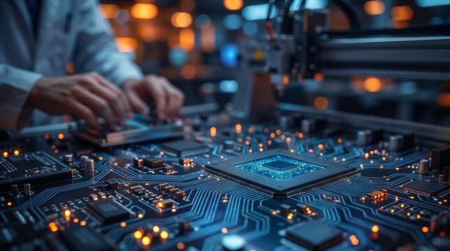 Advanced semiconductor manufacturing photo, glowing microchip on circuit board, automated electronics assembly process