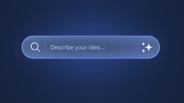 Glowing AI search bar displays a typed prompt on a dark blue background, with sparkling star icons and a futuristic interface for creative inspiration and idea generation