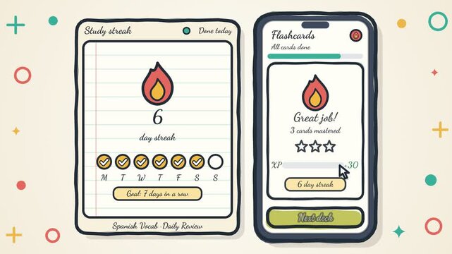 Educational Language Learning App Animation Featuring Digital Flashcards And Daily Study Streak Tracking Interface For E Learning Process Concepts
