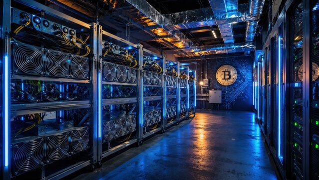 Cryptocurrency mining facility with multiple GPU rigs and illuminated Bitcoin logo on the wall, showcasing advanced technology in a dark, industrial setting