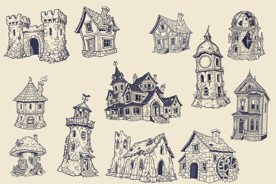 Halloween Haunted Houses Gothic Mansions and Towers Vector Set