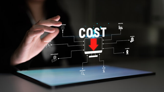 Digital Representation of Cost Analysis with Download Arrow and Connected Icons for Financial Assessment and Decision Making Quark.