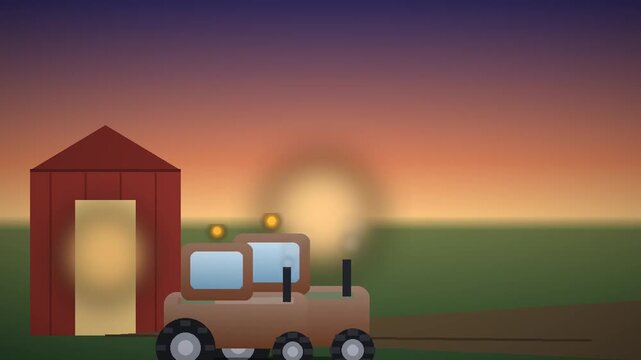 Flat design tractor animation in rural farm field, sunset landscape with red barn and glowing lights, agricultural concept for farming industry