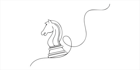 Chess knight continuous line art illustration isolated on a white background.     Minimalist continuous line art chess knight vector illustration for business strategy design.    © SUJON