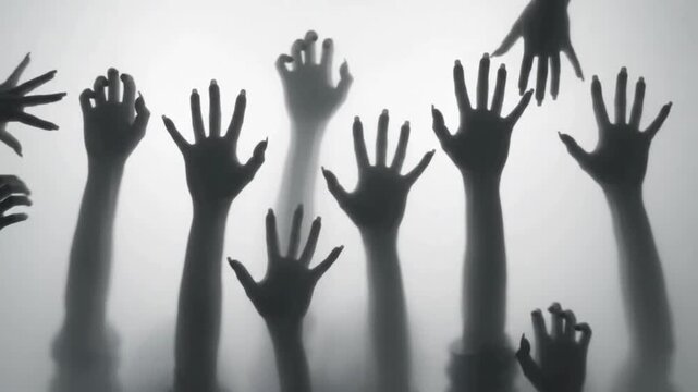 Rising zombie hand silhouettes behind a misty white frosted glass screen