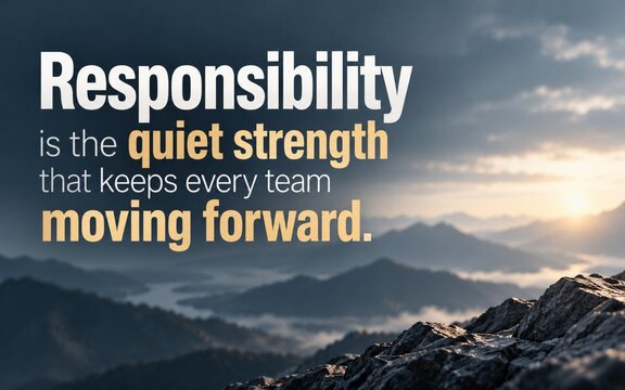 Motivational responsibility quote against a misty mountain panorama, expressing quiet strength, reliability, teamwork, and steady commitment to moving forward.