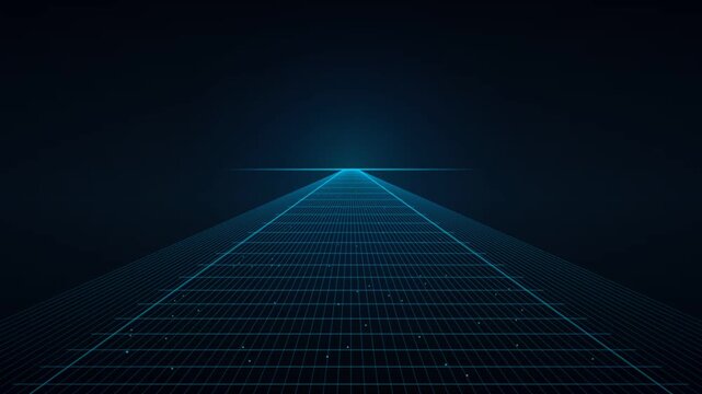 Glowing blue digital grid perspective moving forward through cyberspace toward a distant horizon line inside a futuristic virtual reality cyber world simulation environment showcasing endless network 