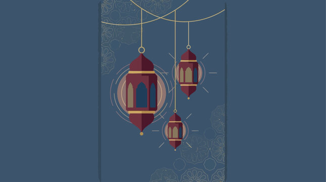 A vibrant flat design illustration showcasing decorative Ramadan lanterns, known as fanoos, against a backdrop of Islamic patterns. This festive vector art captures the joyous spirit of Awal Ramadan.