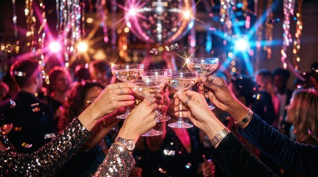 Multiple hands raise champagne coupes for a festive toast beneath colorful lights and mirror balls at a crowded New Year nightclub party
