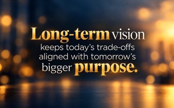 Professional long-term vision quote against a softly blurred golden cityscape, highlighting strategic thinking, thoughtful trade-offs, and future-focused purpose.