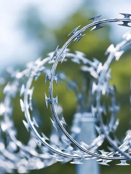 Detailed view of sharp razor wire coils forming a security fence, with blurred green background suggesting outdoor setting and protective measures