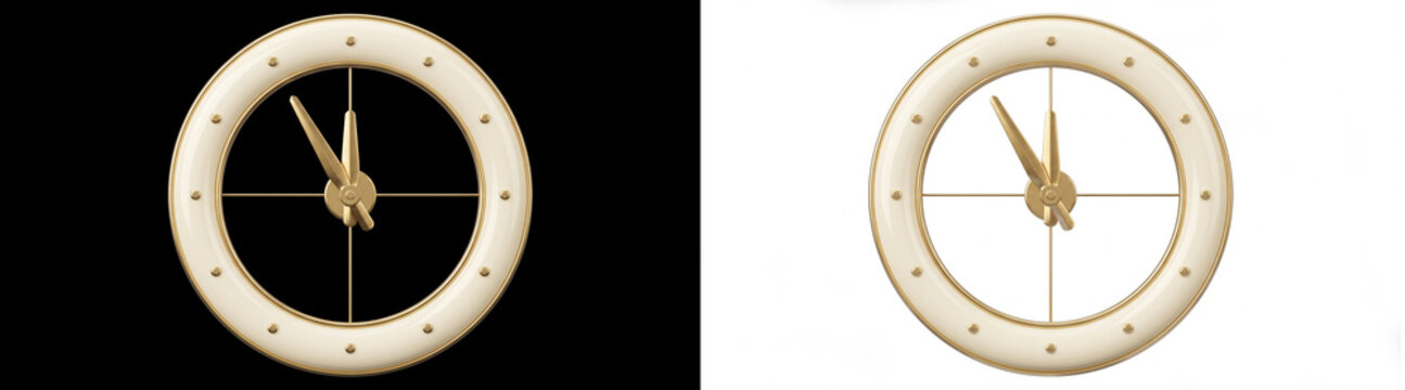 Elegant gold clock icon, a classic timepiece with hands set to five minutes to midnight, symbolizing urgency and deadlines. A versatile graphic element for business, events, or countdowns.